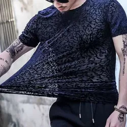 Summer 2024 Men's Pullover Round O-Neck Mesh Ice Silk Printed Slim Fit Comfortable and Versatile Casual Short Sleeve T-shirt Top