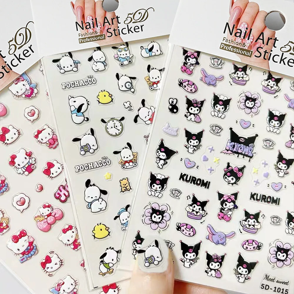 1pcs Black Skin Hello Kitty Kawaii Nail Art Stickers 5D Hawaii Vacation Style Fashion Cartoon Japanese Anime Nail Decals Sticker