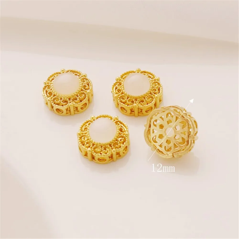 1PCS 18K Antique Gold Inlaid with Cat Eye, Four Leaf Flat Hollow, Separated Bead, DIY Bracelet, Necklace Jewelry Beads, 12mm