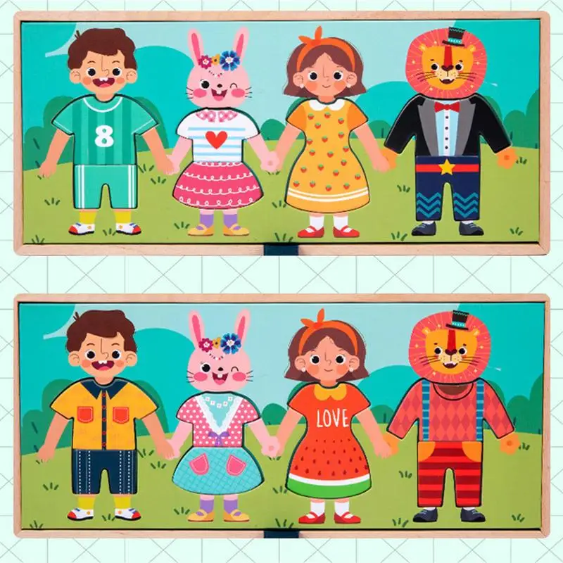 Family Dree Up Jigsaws Early Educational Toddler Puzzles 2 In 1 Wooden Animal Dress Up Matching Games Jigsaw Puzzle Toys