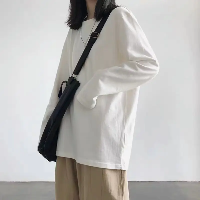 Versão coreana feminina 2024 primavera e outono novo retalhos pullovers o pescoço moda cor sólida solta casual manga comprida topos