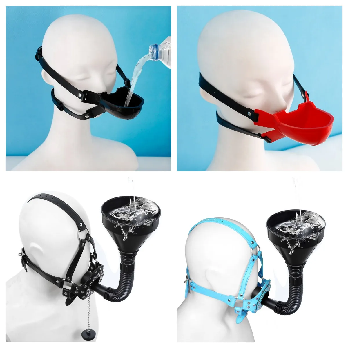 Fetish Toilet Funnel Open Mouth Gag Mask Hood PU Leather BDSM Funnel Oral Enema Drool Plug Gag Head Harness Bondage Adult Game