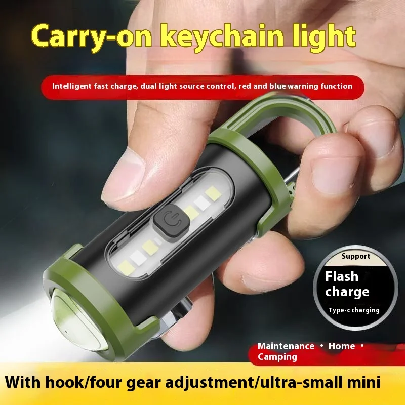 

Mini Keychain Flashlight Rechargeable Red/Blue Warning Light Waterproof Outdoor Portable Backpack Emergency Lamp With Hook