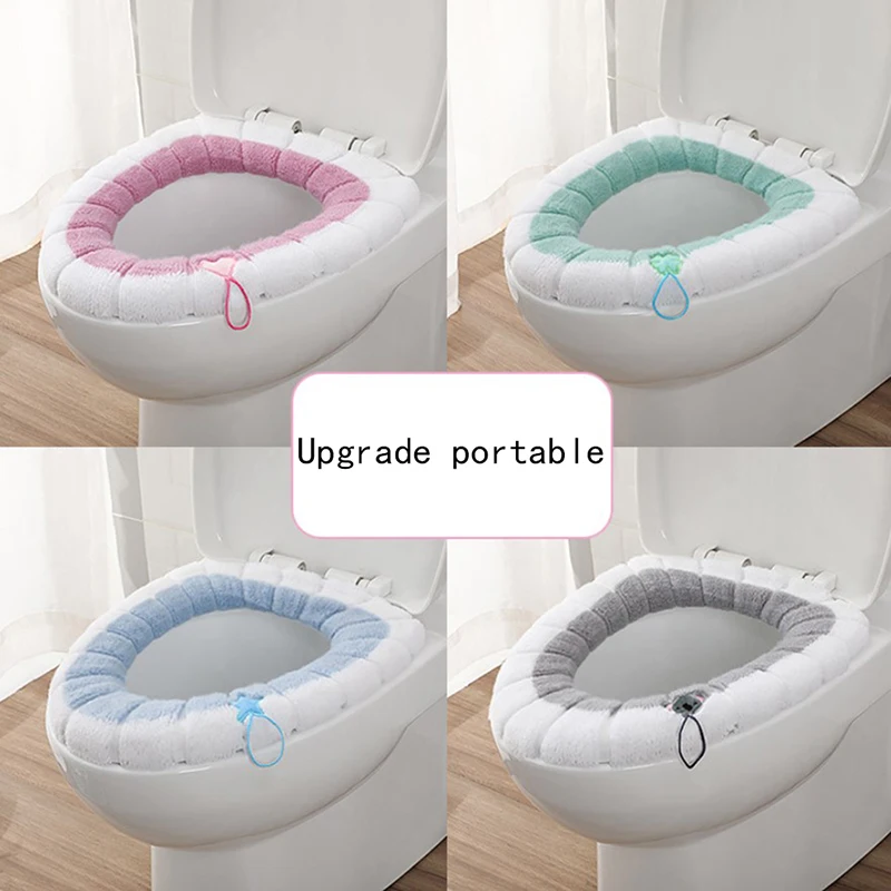 Winter Warm Toilet Seat Cover Washable Bathroom Toilet Pad Cushion With Handle Thicker Soft Mat Knitting Warmer Closestool Mat