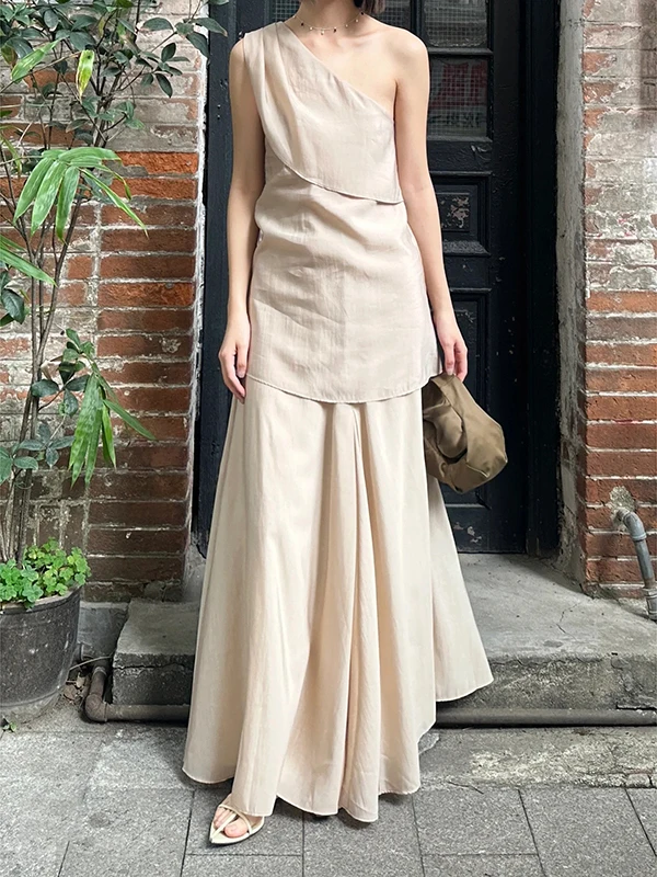 

Susuchic Retro Folded oulder Slant Collar Vest High Waist A-Line Skirt Two-Piece Set Polyester Summer Faion Women's ...