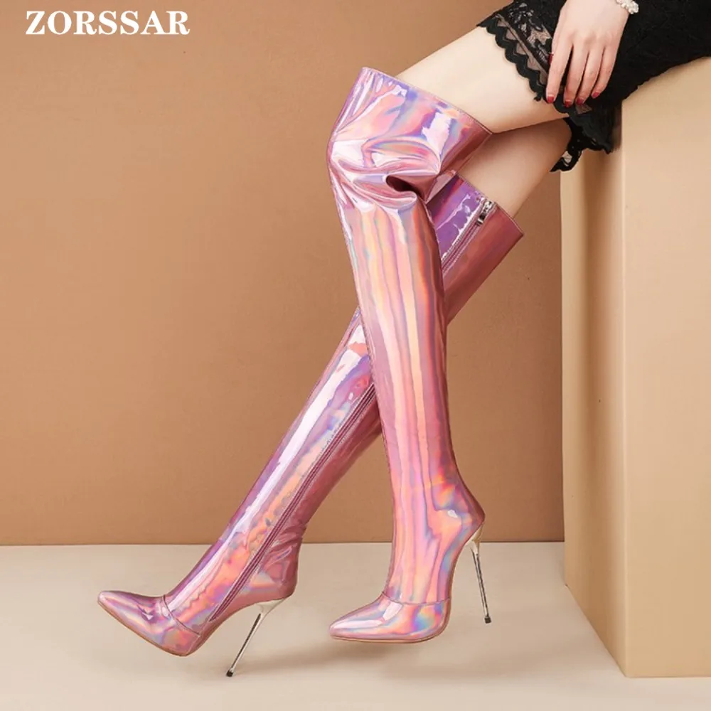 Botas de mujer con plataforma de espejo, puntiagudas, tacones altos y finos sexis por encima de la rodilla, Botas Largas con cremallera, zapato de fiesta informal dorado para Otoño e Invierno