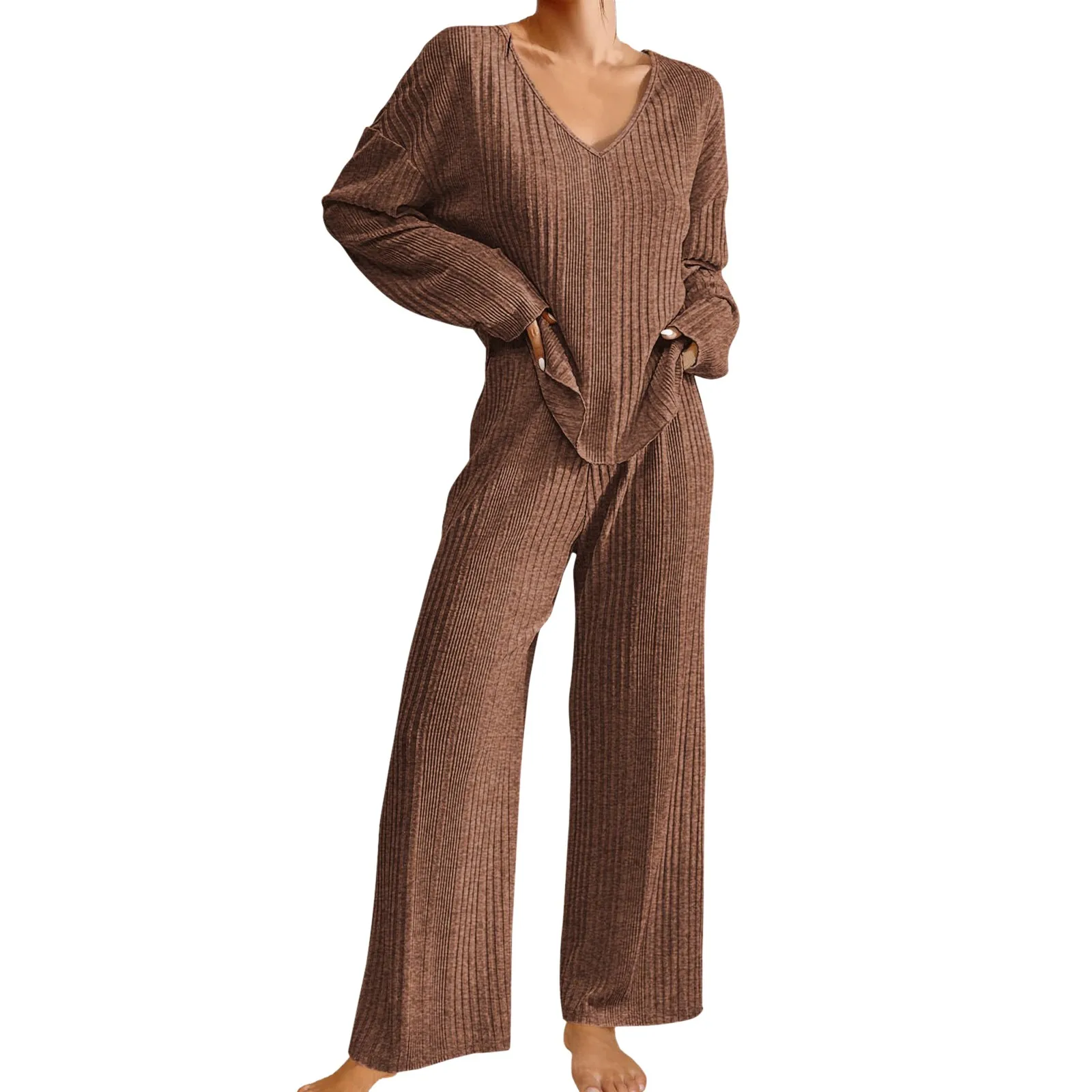 Womens Ribbed Knit Pajamas Set V Neck Long Sleeve Pj Set Matching Outfits Top And Pant Loungewear Casual Sweatsuits 2024 Hot