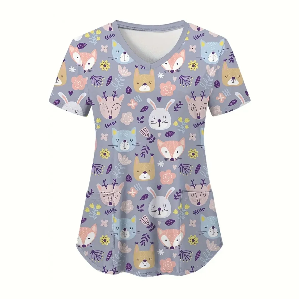 Uniformes médicos para mujer, uniforme clínico de manga corta con cuello en V microelástico con estampado de conejito de Pascua, moda para enfermera Dental