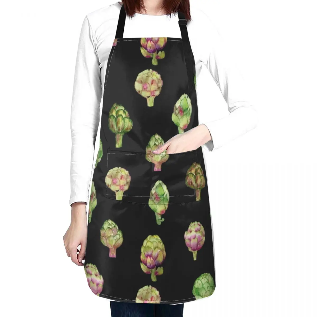 Artichoke on black watercolor pattern Apron Ladies Home and kitchen products professional hairdressing Apron