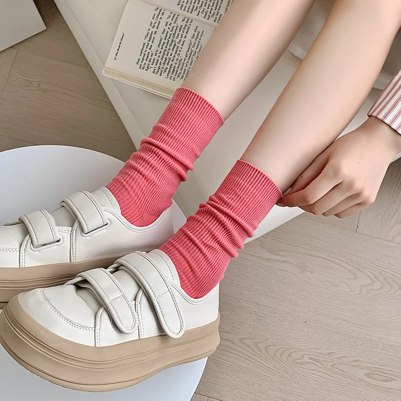 Autumn and Winter New Simple Pure Color Women's Mid-tube Socks Candy Color Women's Color Double Needle Fine Strip Women's Socks