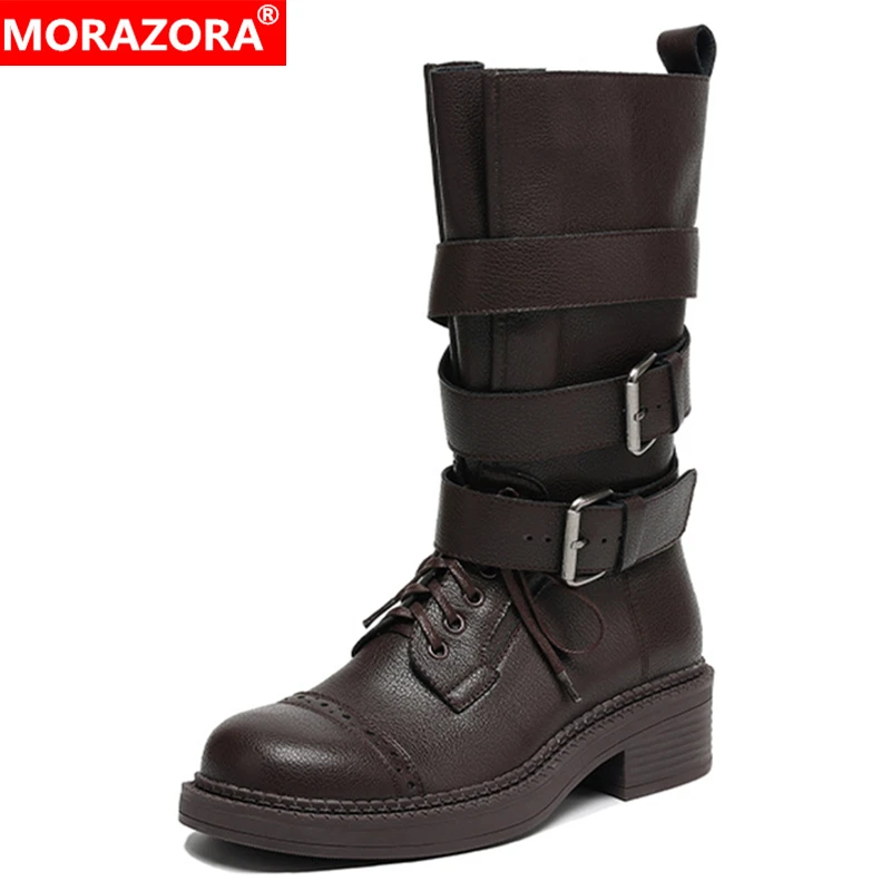 

MORAZORA/2026, новые женские мотоциклетные ботинки из натуральной кожи, черные, коричневые, осенне-зимние полулицарские ботинки до середины икры с пряжкой в стиле панк