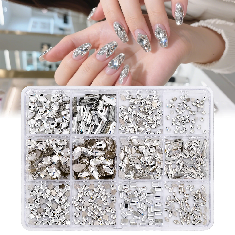 12 Gitter Mini-Diamanten mit Flachboden für Nagelkunst, Weiße Nagelrhinesteine für 3D-Nageldekorationen, Glitzer-Maniküre-Zubehör – Detail 1