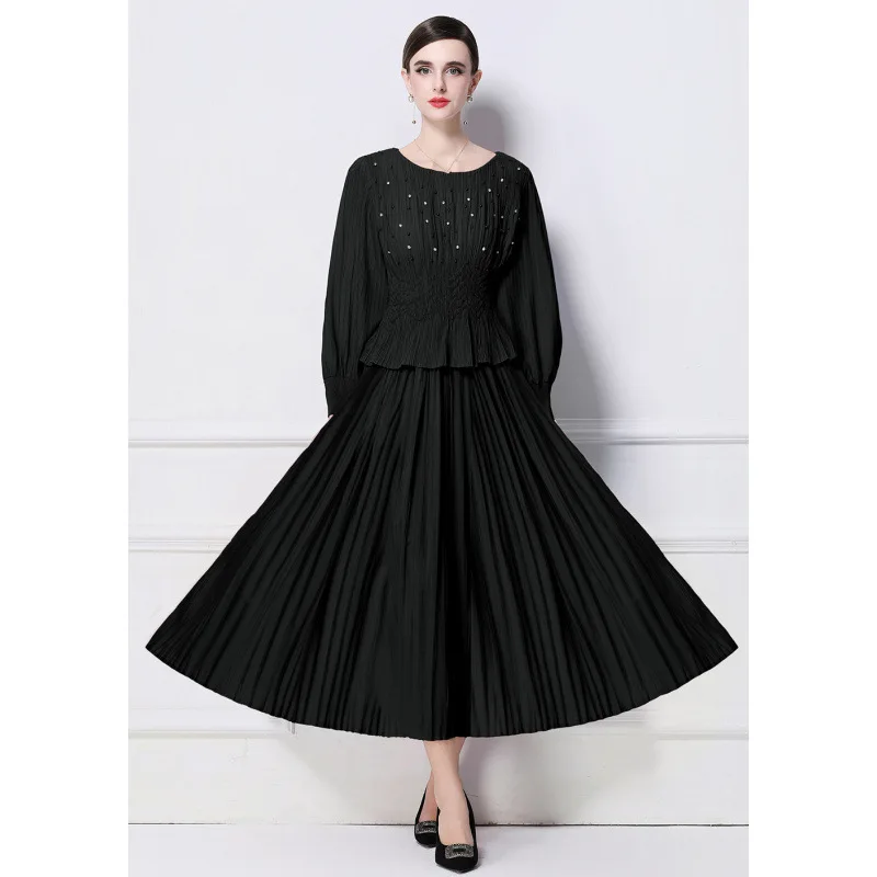 

Heavy Embellied Pleated Fake Two-Piece Set Dr Street Sle Midi Skirt Long Sve Thiened Winter Youth Faion