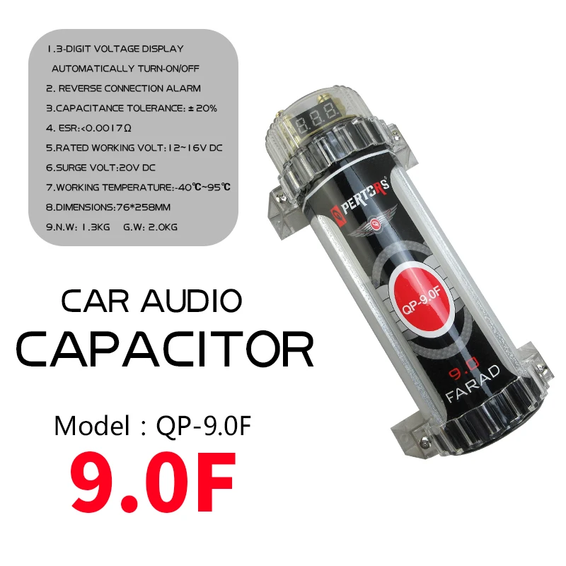 QP-9.0F 9.0F Capacitor Car Stereo Accessory Stabilize Voltage Replenish Current Eliminate interference With LED Display Voltage