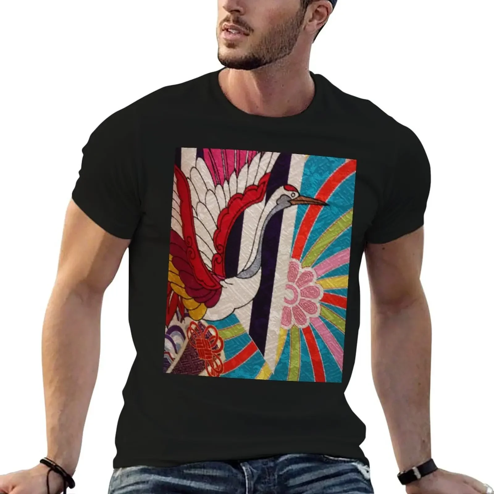 JAPANESE KIMONO CRANE DESIGN T-Shirt man clothes vintage anime shirt graphics heavyweight t shirts for men