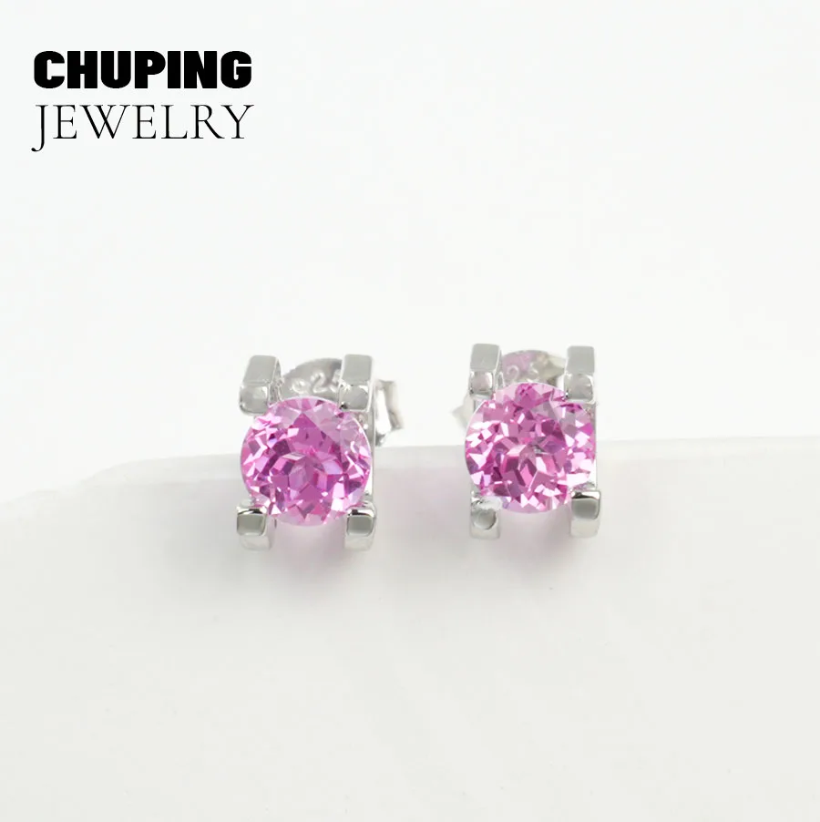 

ChuPing Fine Jewelry Lab Pink Sapphire Round Cut 5.0mm S925 Earrings for Women Evening Party Valentine's Day Or Birthday Gift