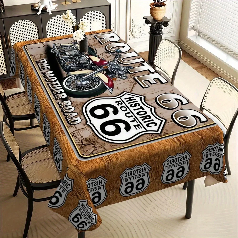 1pc Vintage Motorcycle Pattern Tablecloth - Country Wood Grain Material, Rectangular Tablecloth, yzb