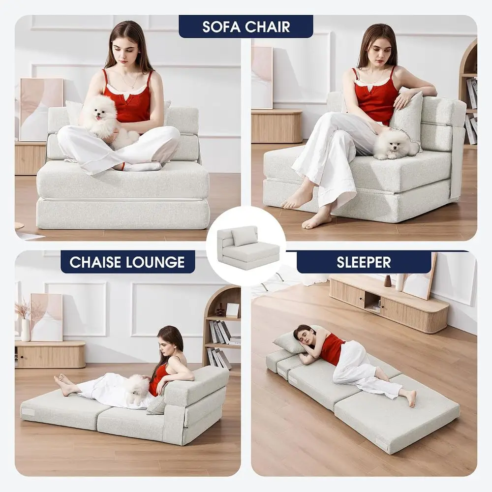 3-in-1 oldable Chair Bed, olding Sleeper Chair with Back Cushion, Convertible Soa Bed or Adults, Cream Beige view 3