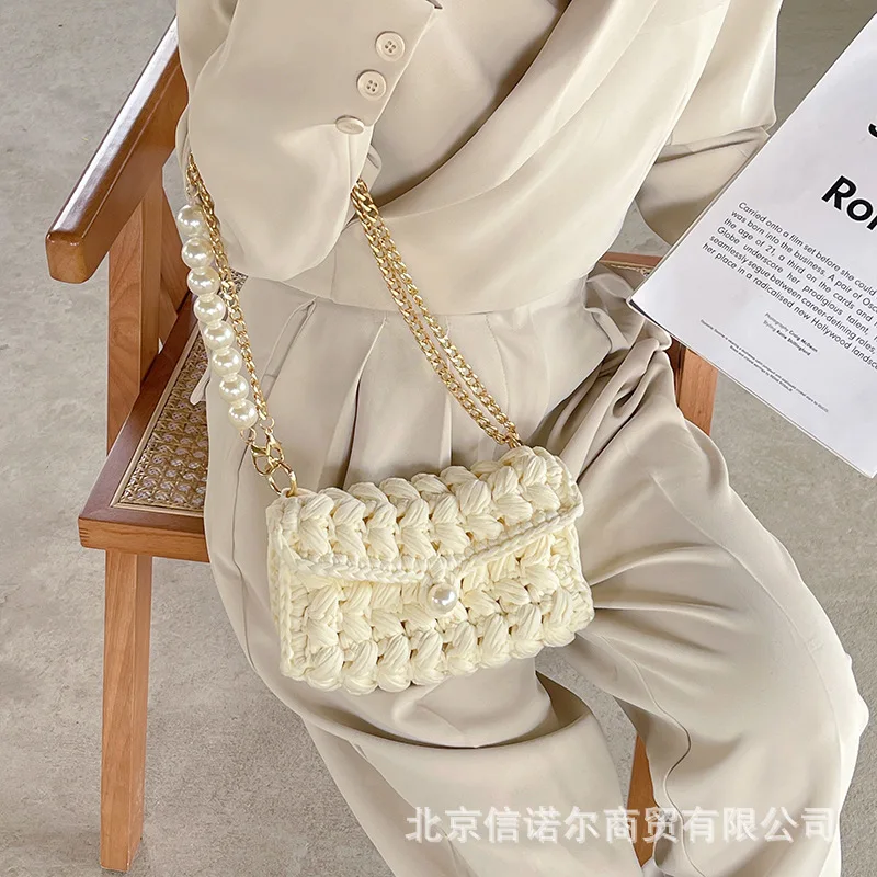 Woolen Knitted Braid Handbag Crochet Shoulder Bags  Women Hand-woven pearl shoulder strap Bag Wool Vacation Casual Tote Travel