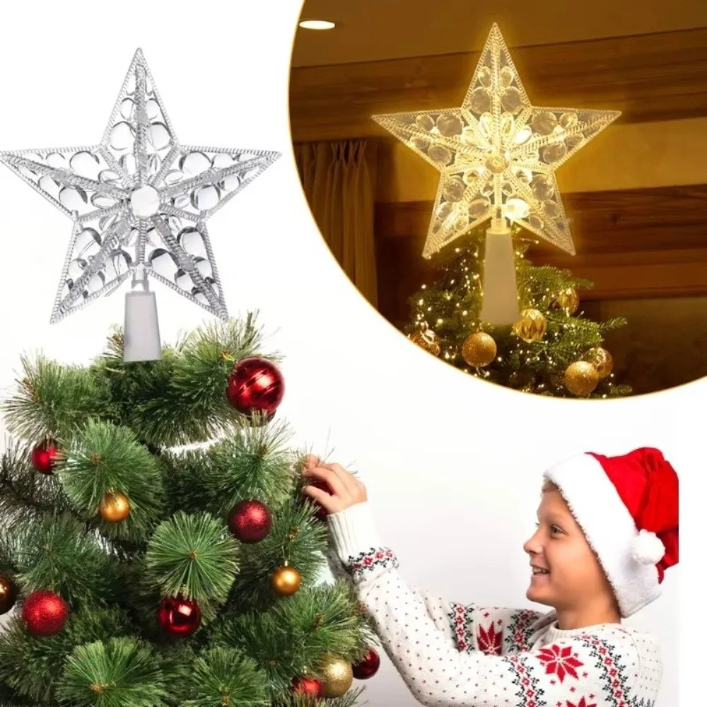 Warm White Christmas Tree Topper Transparent Water Drop Pattern LED Star Topper Five Point Shape Cone Base
