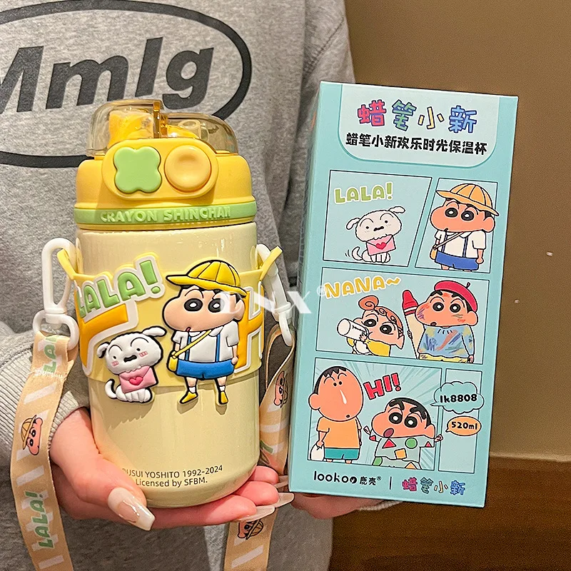 

520ml Crayon Shinchan Dual Drinking Cup Stainless Steel Thermal Water Bottle Large Capacity Straw Portable Girls Water Cup