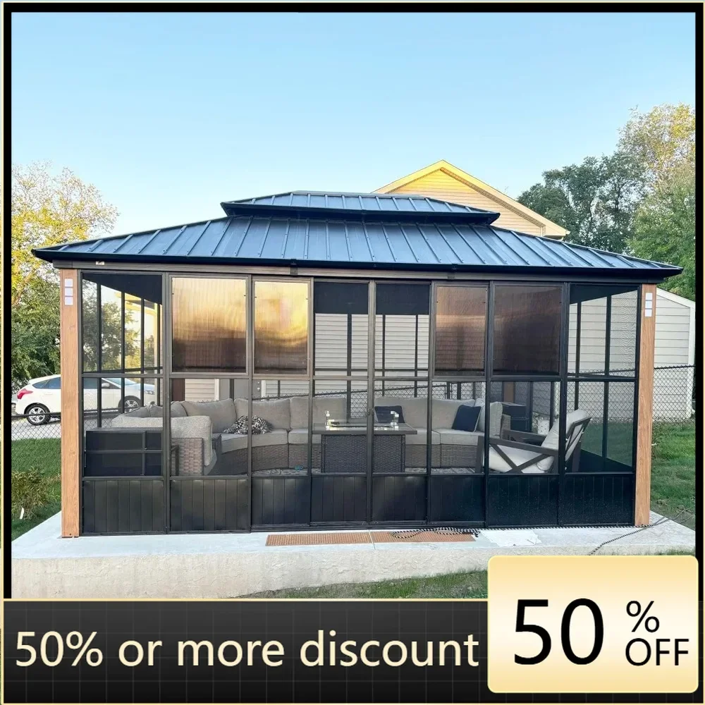 12'X 16 'Sunroom Terrace Hardtop Pavilion Double layer Galvanized Steel Roof Outdoor Screen Aluminum Sunroom Backyard Sunroom