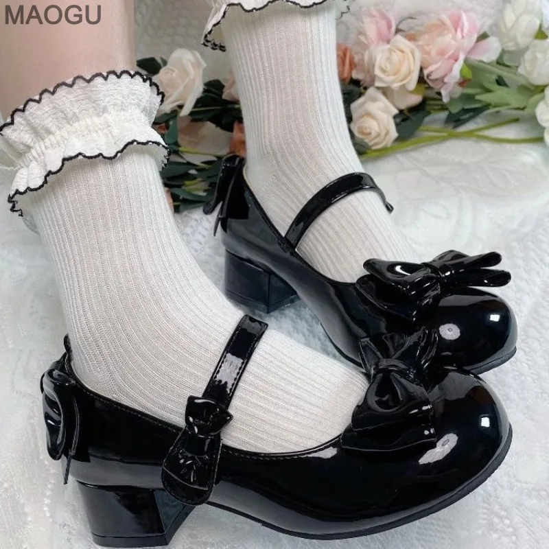 

Cute Round Toe Women's Mary Jane Shoes Pu Leather Pink Bow-knot Chunky Heel Lolita Shoes Lovely Girls Mid-heel Fashion Pumps