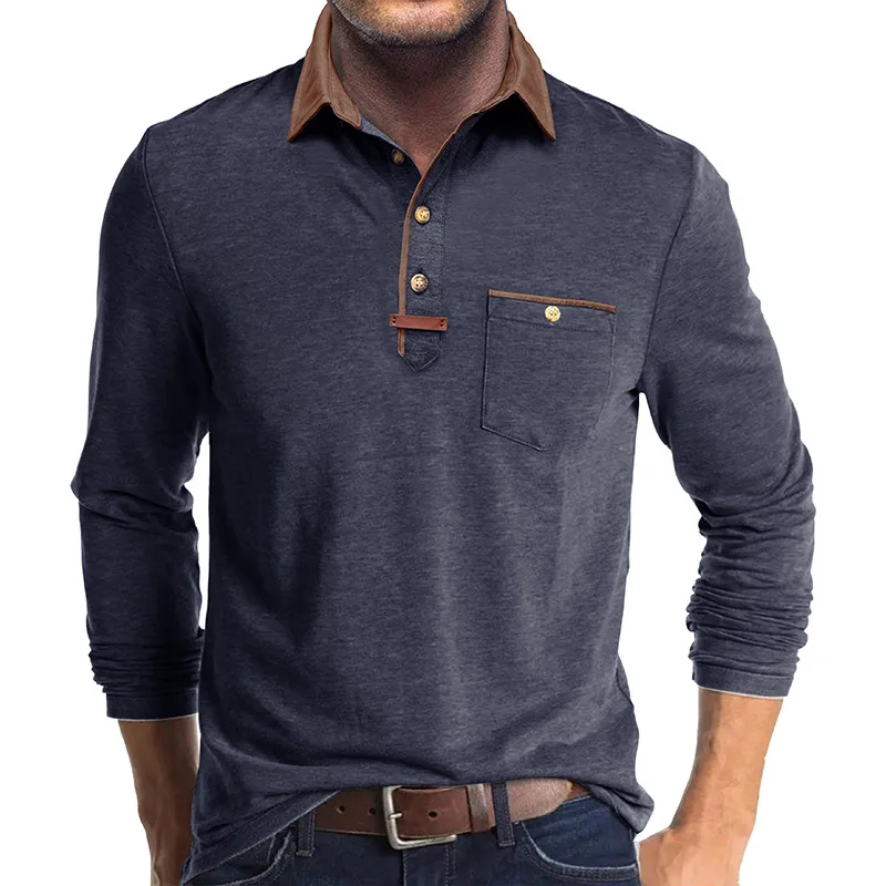 Langarm-Poloshirt für Herren, lässig, schmale Passform, Henley-Kragen, T-Shirt mit Tasche, Smart Blend Tops – Detail 15