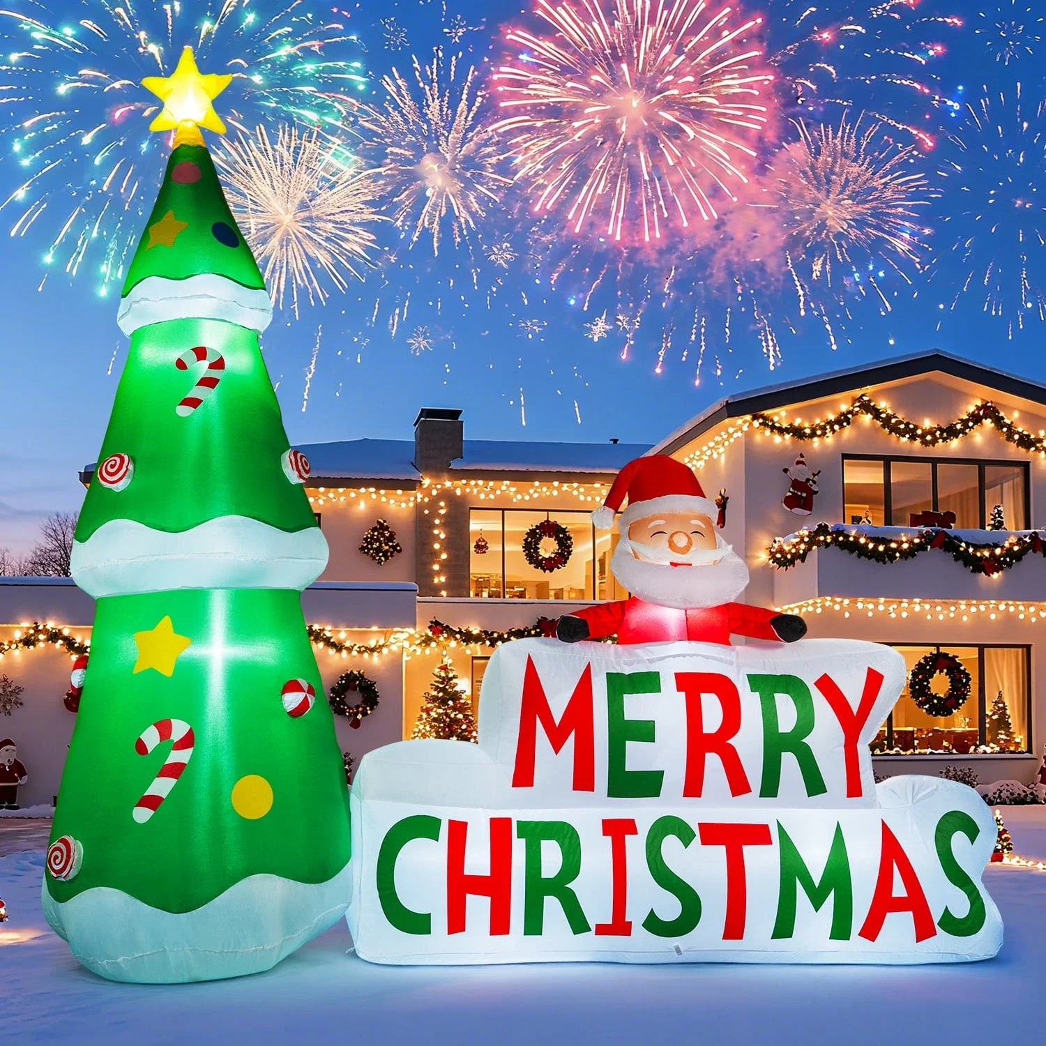 

7ft Inflatable Christmas Tree with Santa Claus model Built In LED Lights Holiday Party Xmas Blow-up Decor Garden Yard Ornament