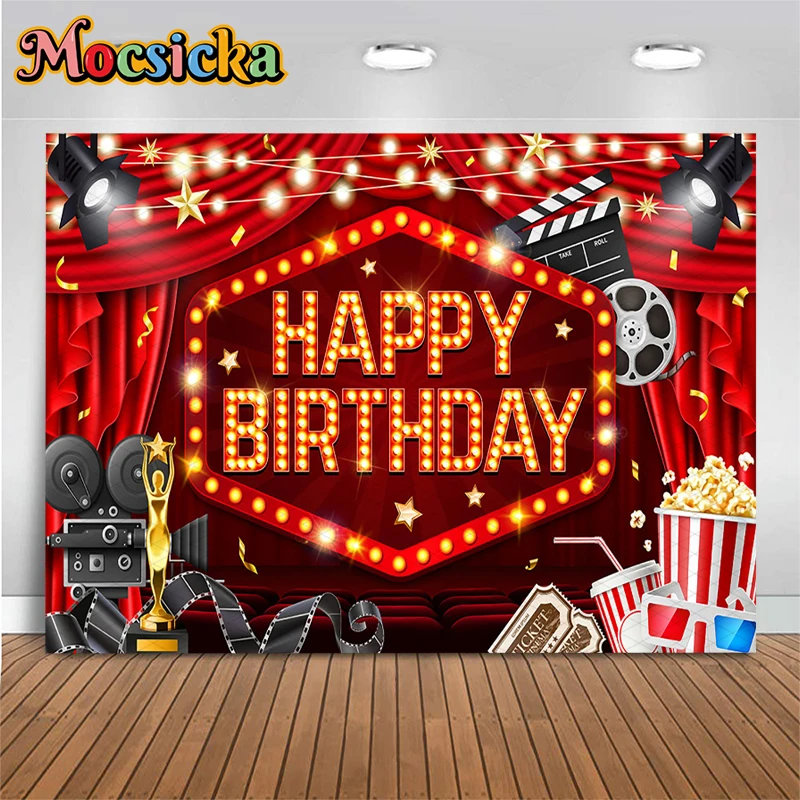 

Mocsicka Hollywood Happy Birthday Backdrop Red Curtain Theater Party Photography Background Props Decorations Photo Booth Banner