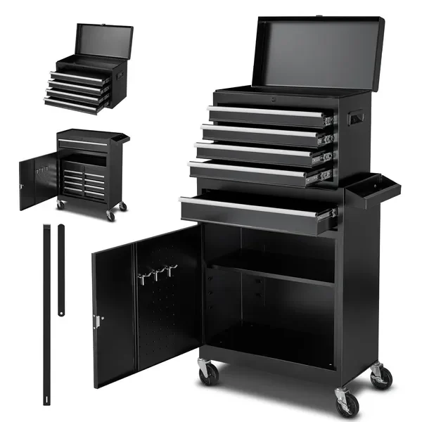 

Rolling Tool Chest, 2-in-1 Design, 5 Drawers Tool Cabinet Organizer with Detachable Top Metal Toolbox