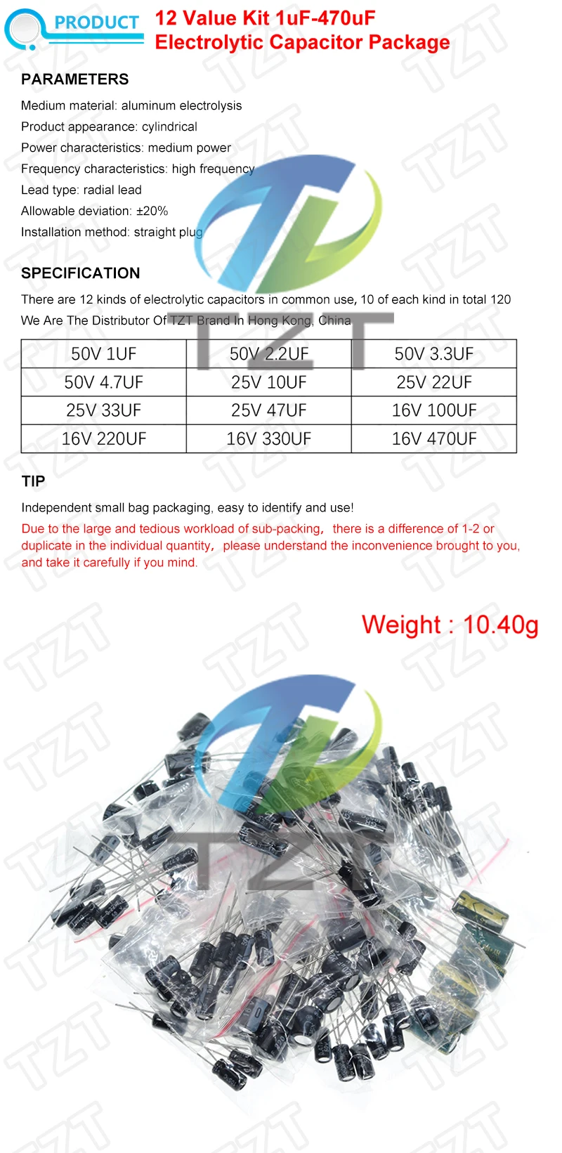 TZT 120pcs 12 value kit 1uF-470uF Electrolytic Capacitor Package 1UF 2.2UF 3.3UF 4.7UF 10UF 22UF 33UF 47UF 100UF 220UF