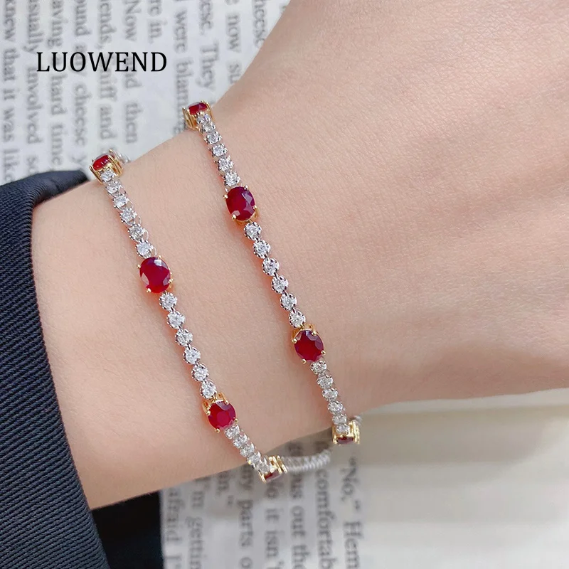 

LUOWEND 18K White and Yellow Gold Bracelet Romantic INS Style Real Natural Ruby Shiny Diamond Gemstone Bracelet for Women