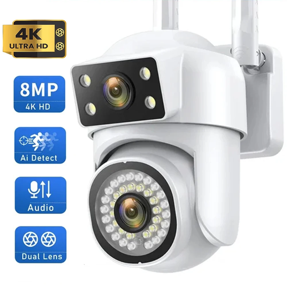 

4K 8MP Dual Lens WiFi Camera 2K 4MP Dual Screen Outdoor PTZ Camera Waterproof Auto Tracking Security Mini Security CCTV Camera