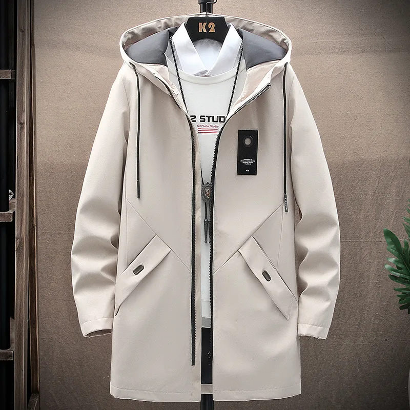 2023 New Spring Autumn Thin Hooded Trench Fashion Casual Slim Versatile Jacket Mid-Length Zipper Lace-up Solid Color Male Coat