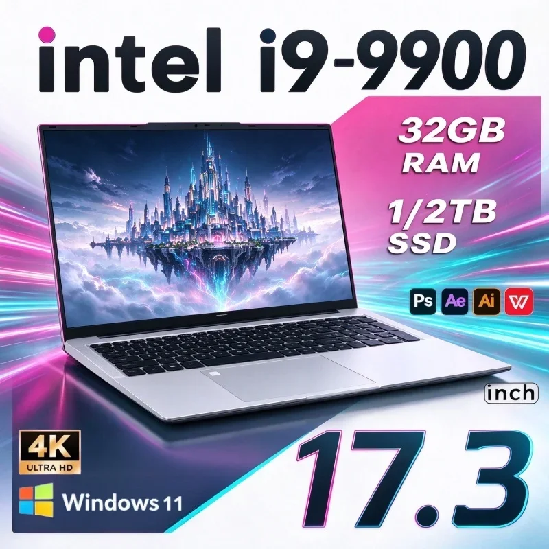 Intel I9-9900 Daily Use Laptop 17.3 Inch HD Large Display 32GB RAM 2TB SSD Windows 11 Fingerprint Unlock Home Office Notebook