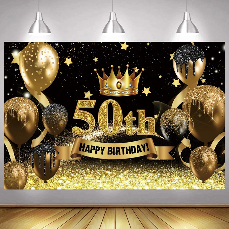 

Black Gold 50th Photo Backdrop Lady Men Happy Birthday Party Balloon Fifty Years Photograph Background Banner Decoration Prop