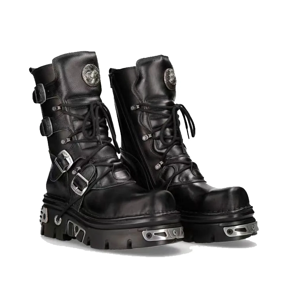 New Men's Punk Motorcycle Boots Metal Thick Heel Goth Skull Buckle Mid- Calf Combat Boots Zipper Women Western Rock Boots