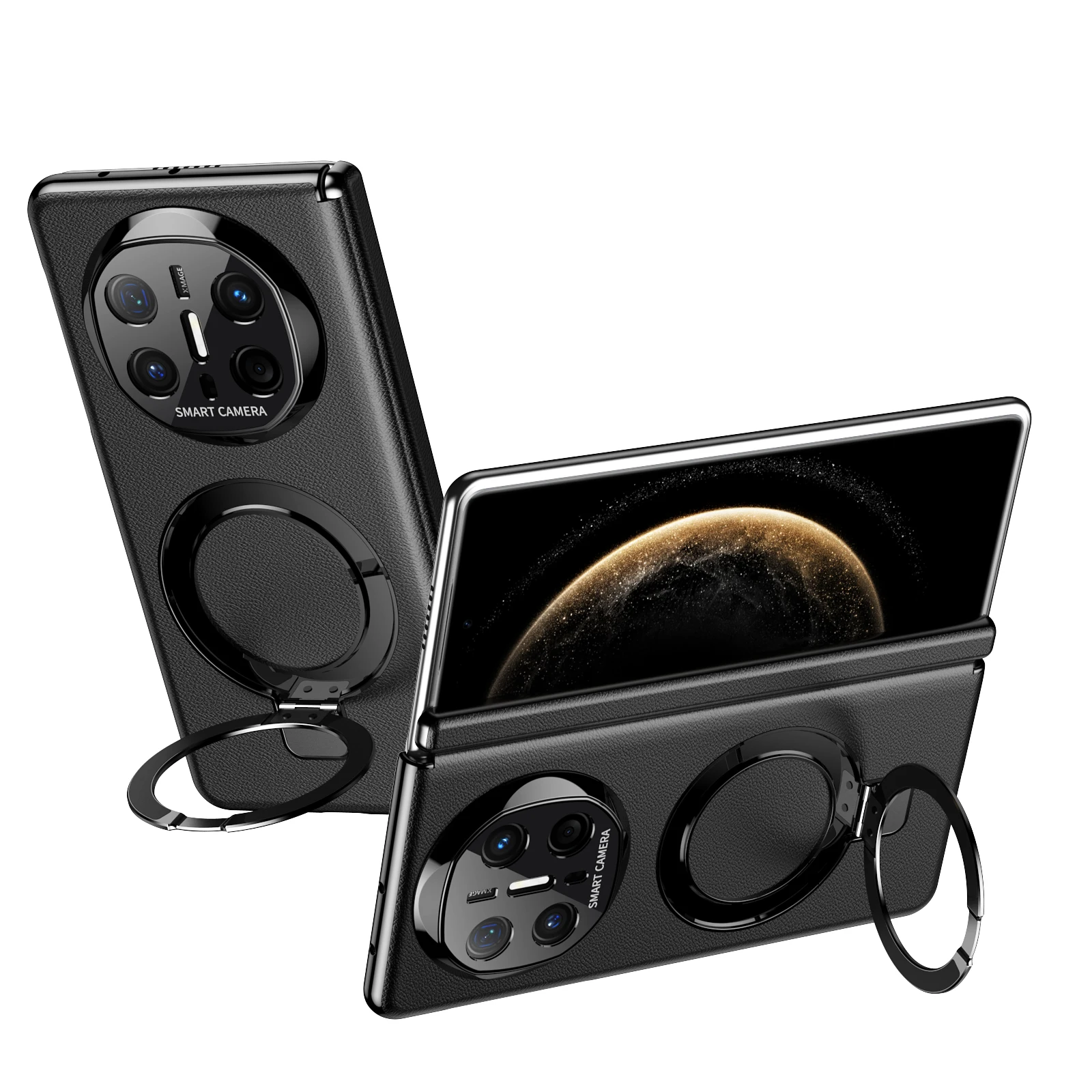 For Huawei Mate X6 X5 X3 Magsafe Case Luxury Matte Leather Folding Hinge Magnetic Rotating Ring Holder Shockproof Hard Back Case