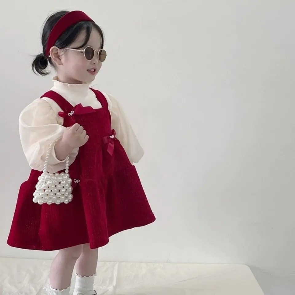 

2022 New Fashion Girls Baby Cute Bow Princess Dress+Sweaters Clothing Set , Kids Thick Warm Winter Clothes Birthday Sets