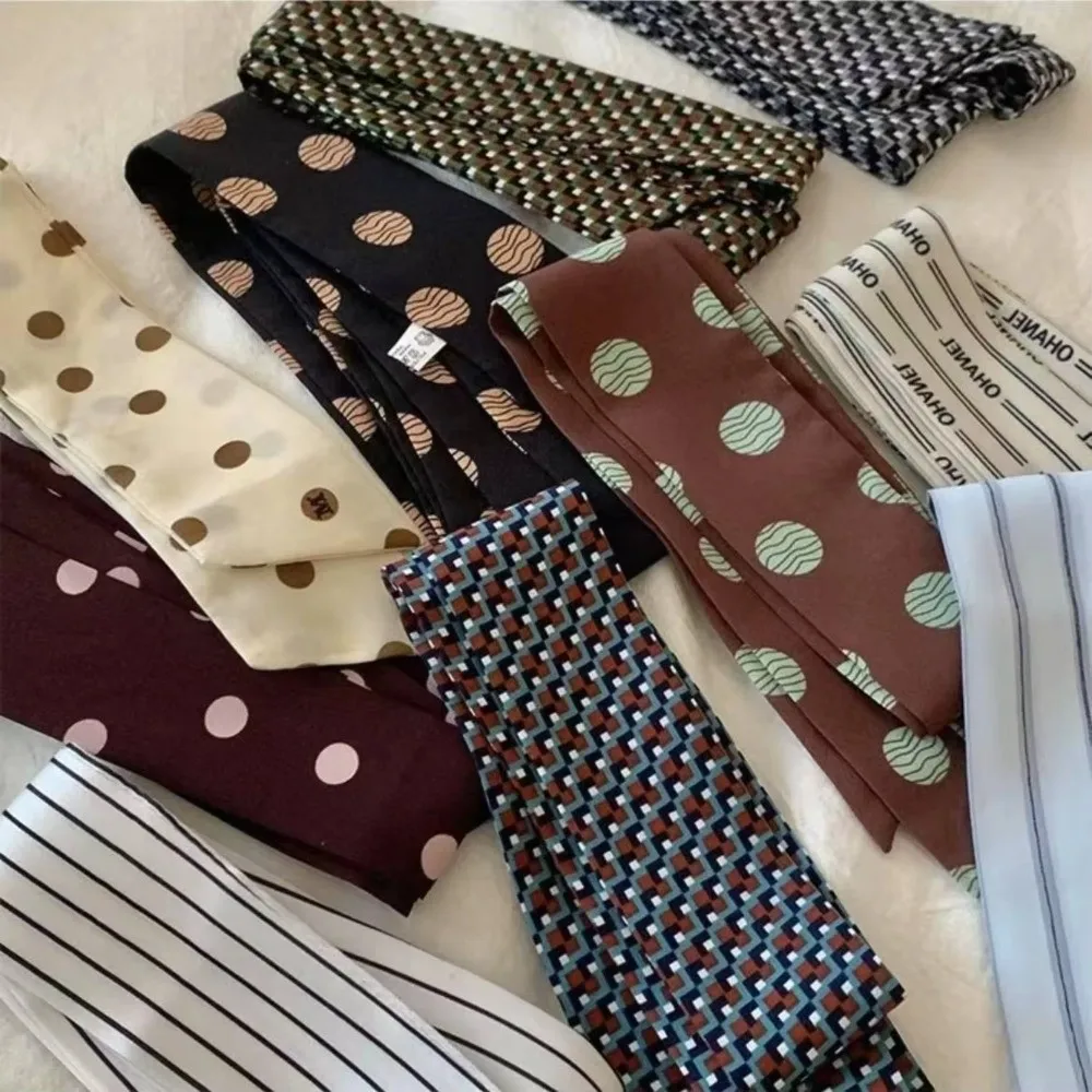 

Vintage Polka Dot Long Narrow Scarf Striped Print Grid Chiffon Neck Bandana Neckerchief Ribbon Women