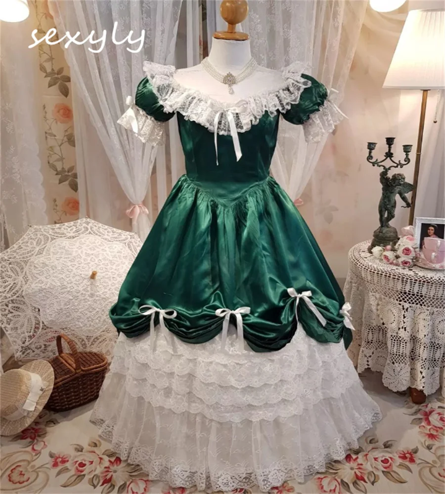 Victorian Green Lace Wedding Dress Renaissance Medieval Costume Cosplay Masquerade Prom Gothic Formal Dance Party Customized