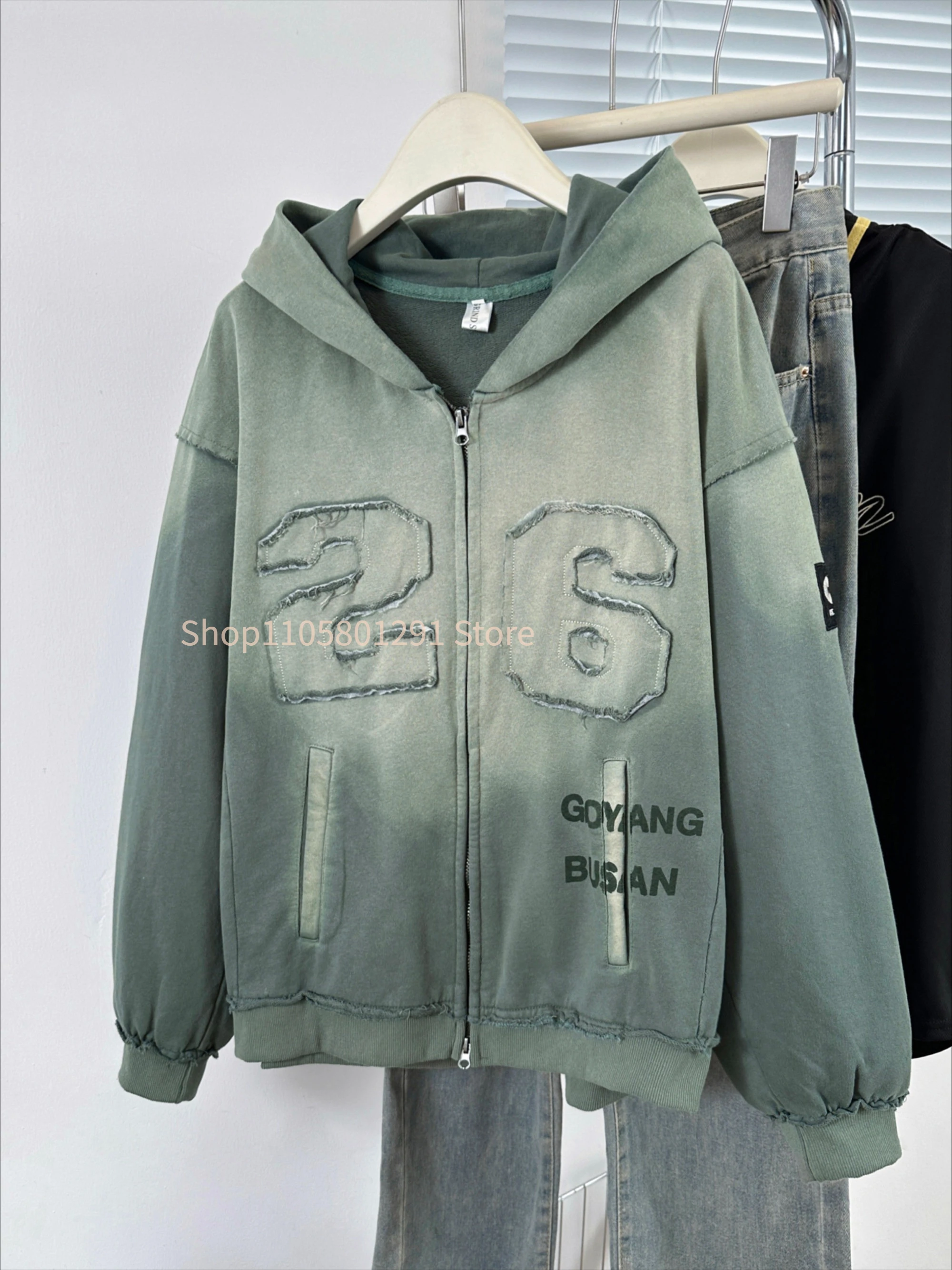 Retro Distressed Washed Full Zip Hoodie, ARIRANG Letter Embroidery Design,Pure Cotton Loose Casual Street‑Style Fan Outer Jacket