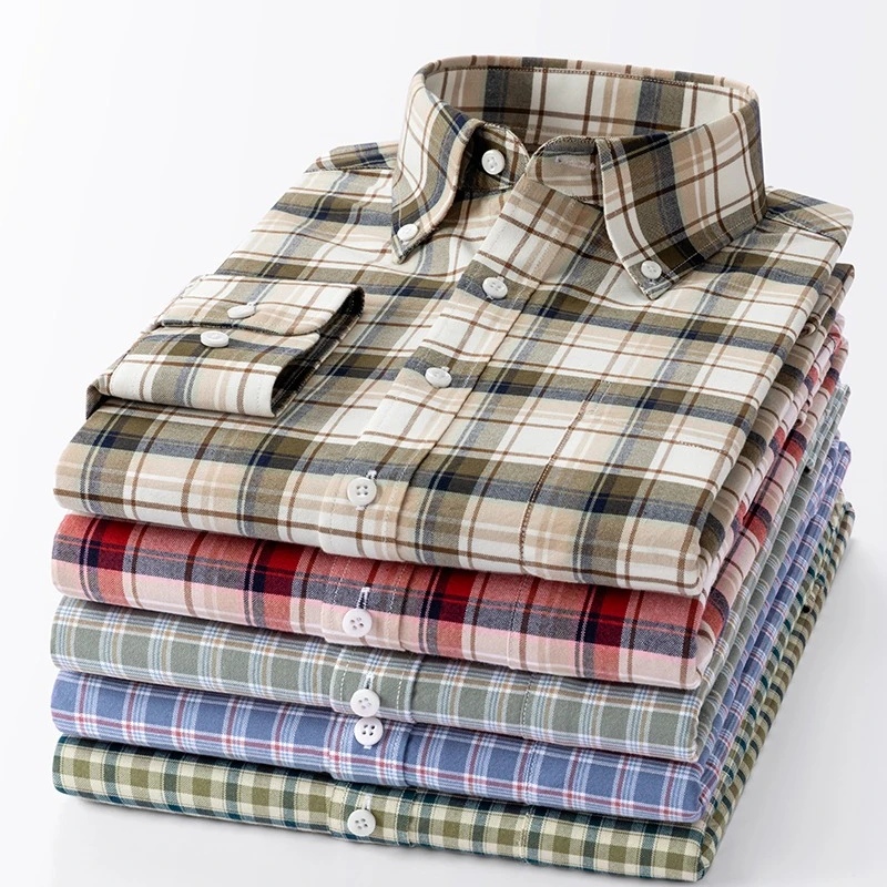 100% Cotton Autumn New Cotton Abraded Shirt Business Casual Anti-wrinkle Long-sleeved Plaid Shirt Men