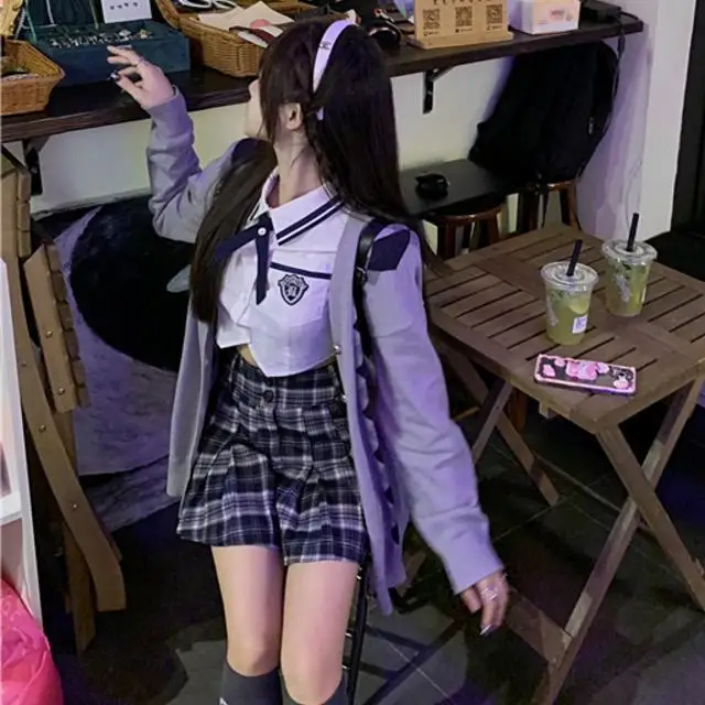 Fato escolar estilo faculdade para menina, uniforme JK, conjunto diário de duas peças, estilo japonês e coreano, saia plissada