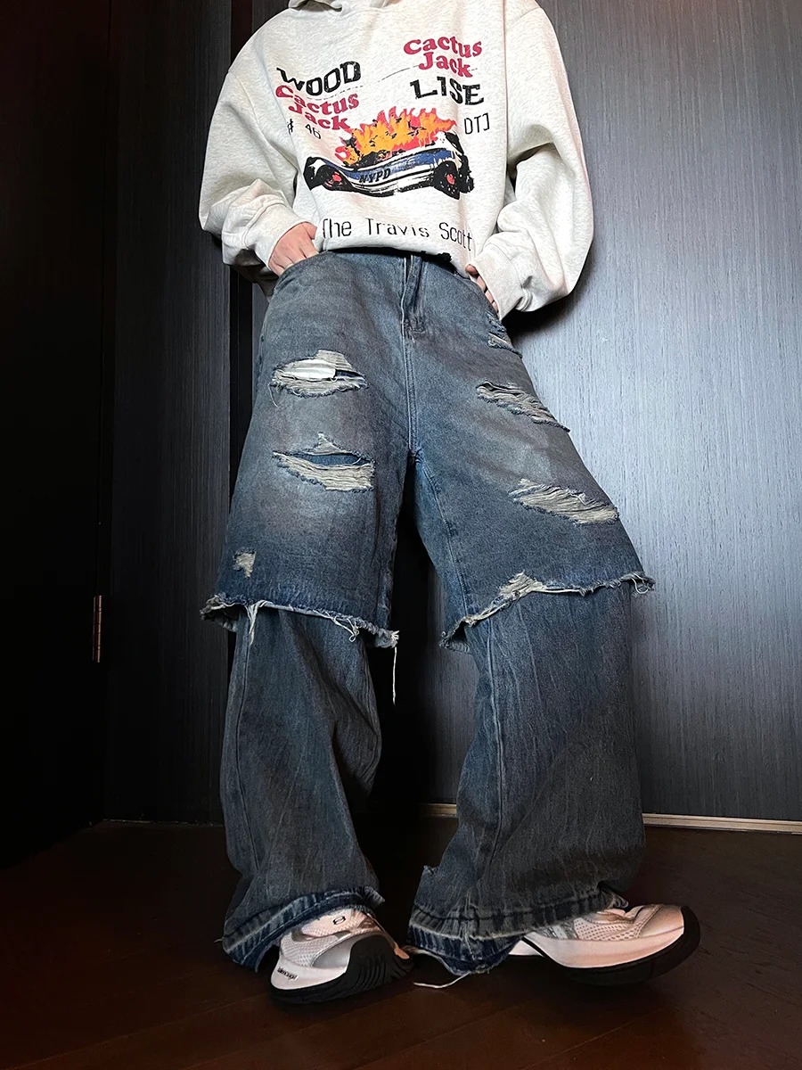 

Original Design Loose Floor-Length Jeans Men's Women's Trendy Brand High Street Sle Casual Cotton Denim Anti-Stain Durable