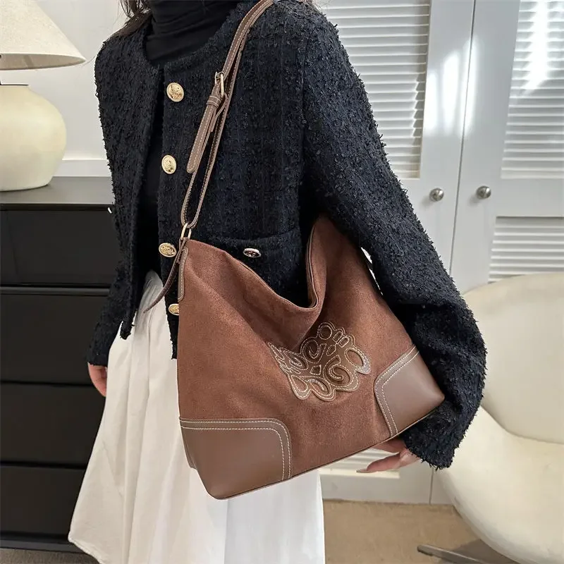 Simple Fallow Large Capacity Tote Bag Autumn New Style Vintage Western Style Shoulder Bag Simple Crossbody Bag