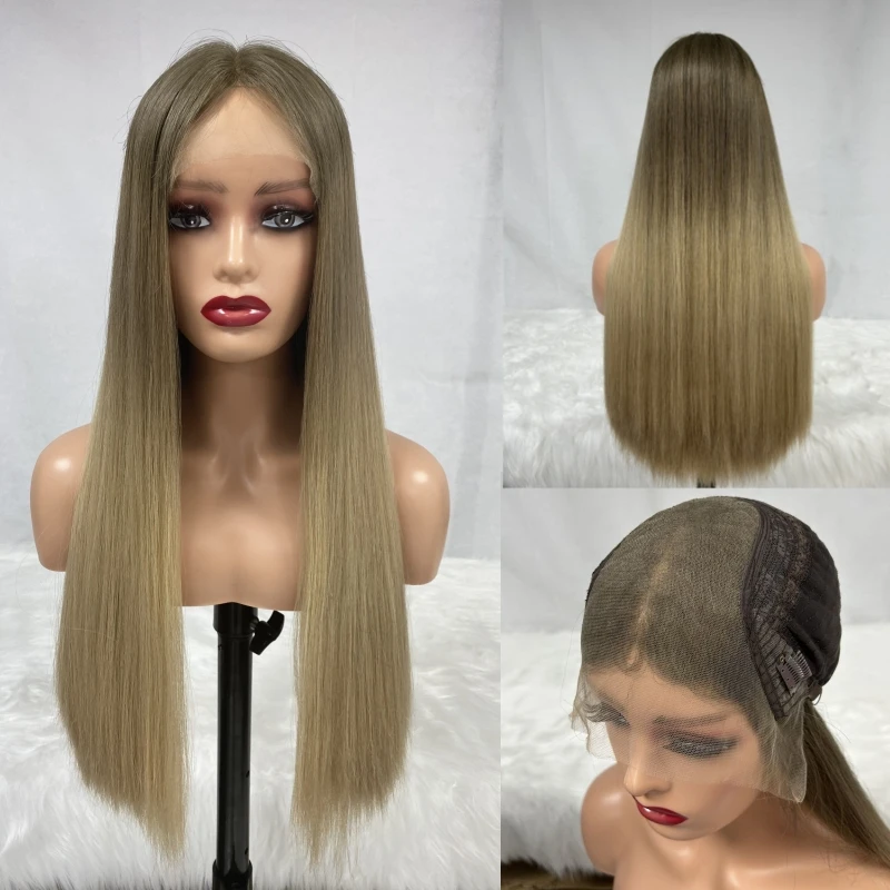 Ombre Light Brown Color Virgin Human Hair Wig Long Straight Small Layer Swiss Lace Front Thick And Invisible Hairline