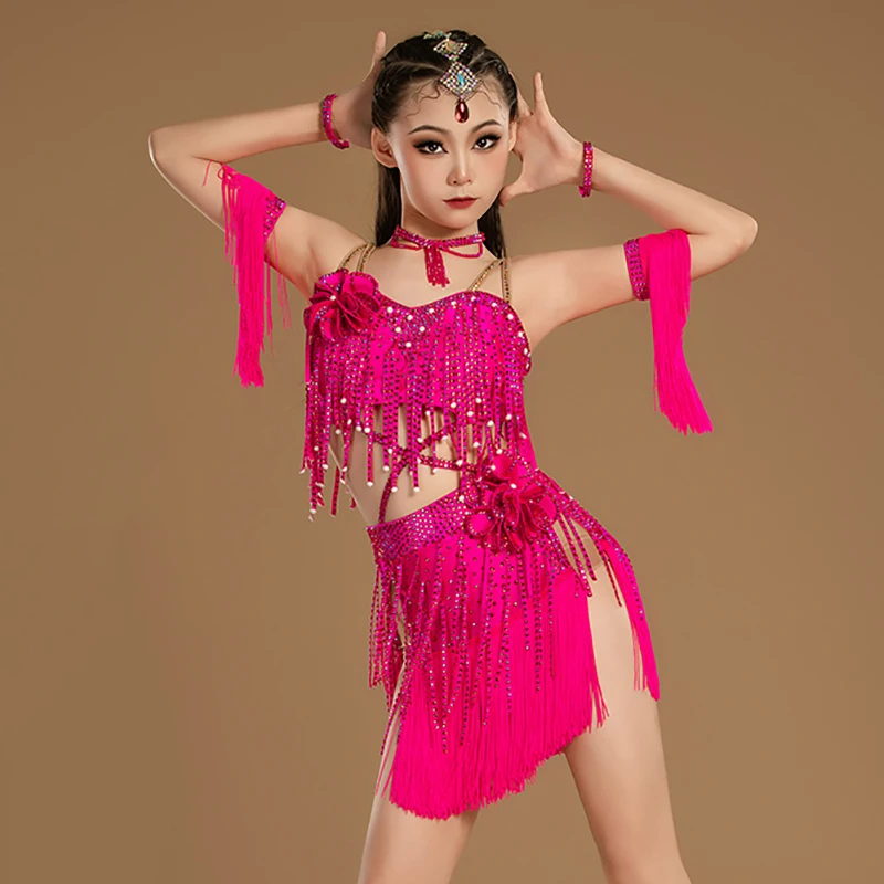 Donne Flash Diamond Nappe Abito Latin Dancewear Bambini Gilrs Spaghetti Strap Backless Lucido Rumba Chacha Costumi di prestazione