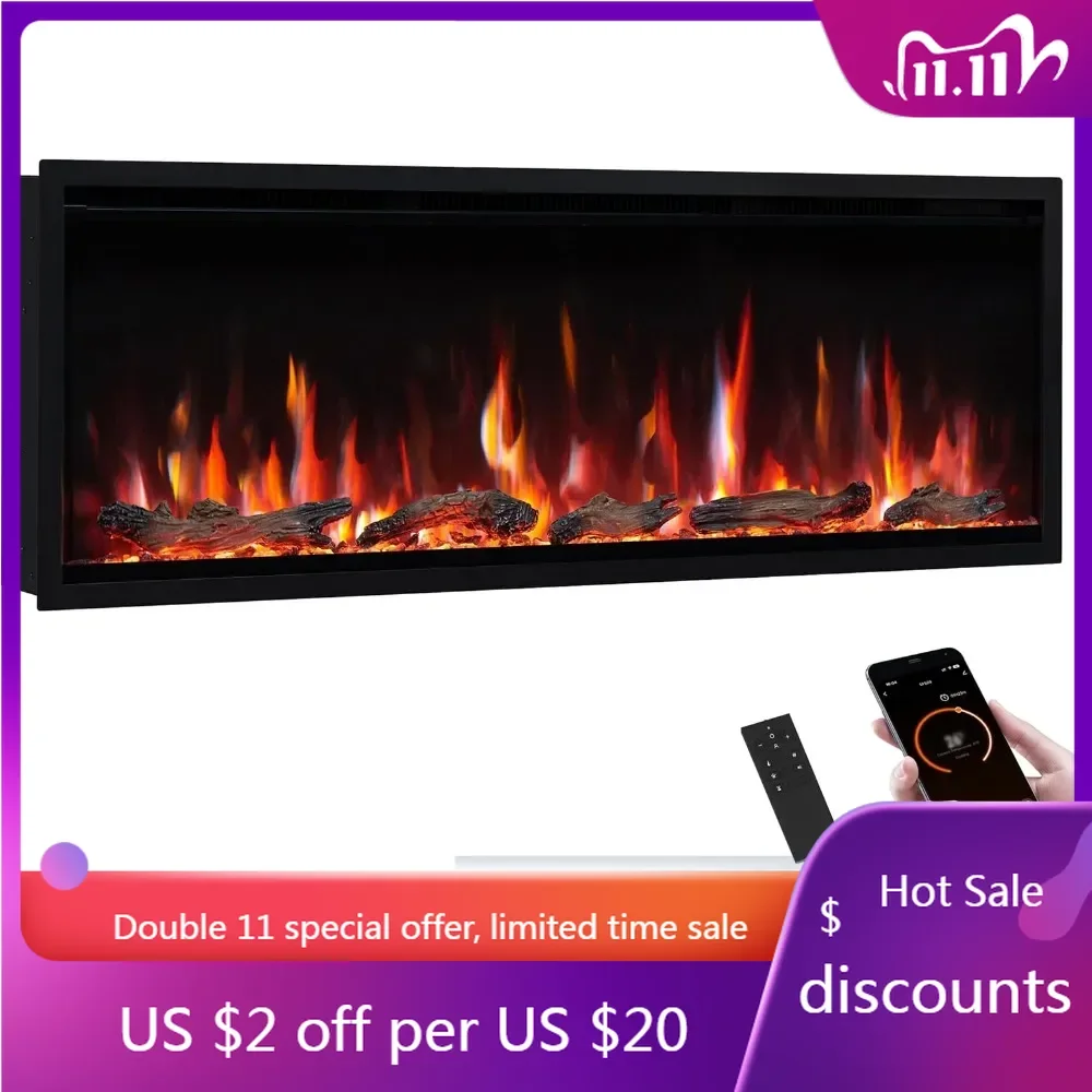 

Herman 50 Inch Smart Linear Electric Fireplace - Premium Flame with 9 Colors, Clean Design, Recessed in-Wall or Wall-Mount